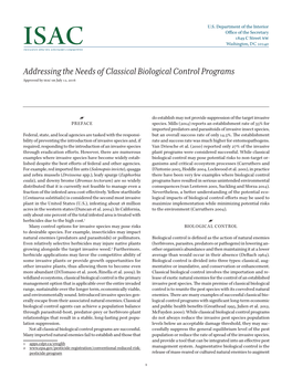 Addressing the Needs of Classical Biological Control Programs Approved by Isac on July 12, 2016