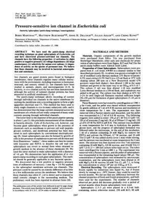 Pressure-Sensitive Ion Channel in Escherichia Coli (Bacteria/Spheroplast/Patch-Clamp Technique/Osmoregulation) BORIS MARTINAC*T, MATTHEW BUECHNER**§, ANNE H