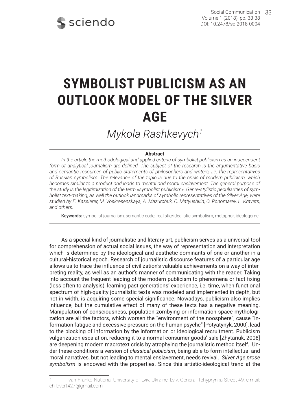 SYMBOLIST PUBLICISM AS an OUTLOOK MODEL of the SILVER AGE Mykola Rashkevych1