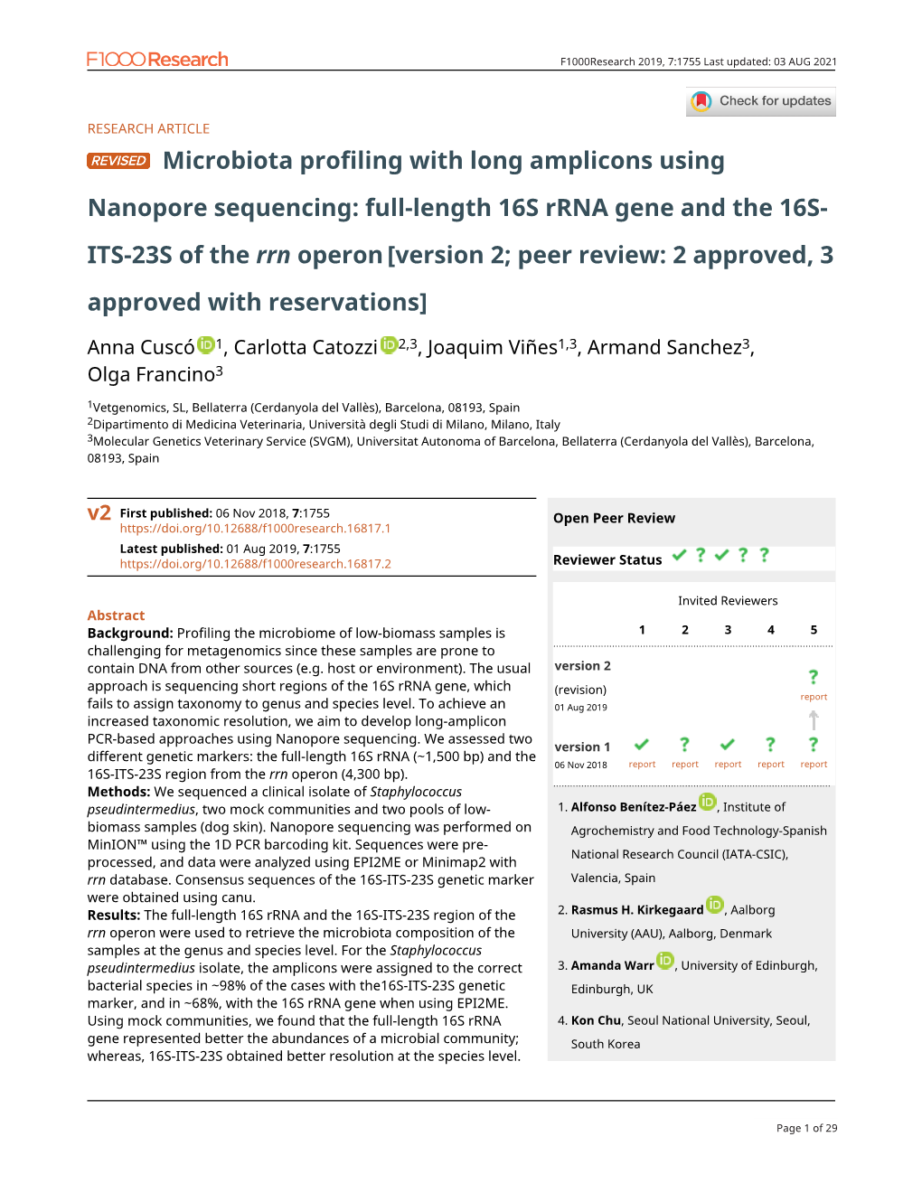 Microbiota Profiling with Long Amplicons Using Nanopore Sequencing: Full-Length 16S Rrna Gene and the 16S-ITS-23S of the Operon