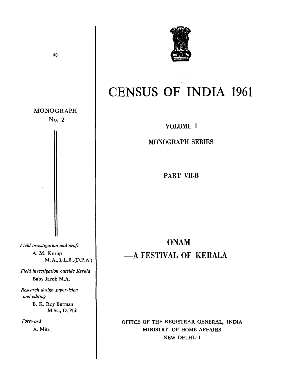 Monograph Series, Onam a Festival of Kerala, Part VII-B, Vol-I