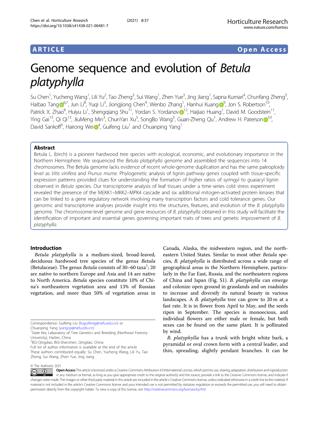 Genome Sequence and Evolution of Betula Platyphylla