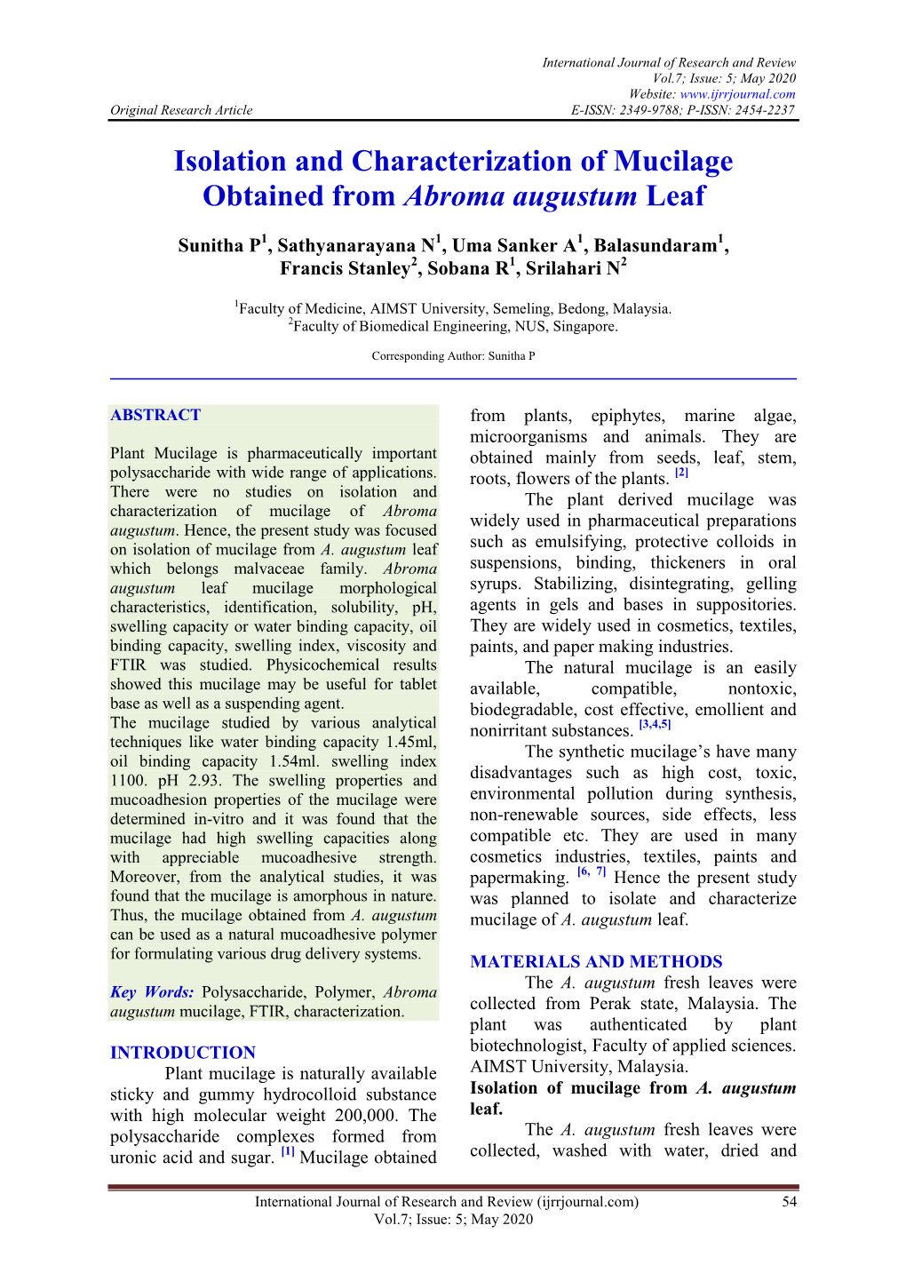 Isolation and Characterization of Mucilage Obtained from Abroma Augustum Leaf