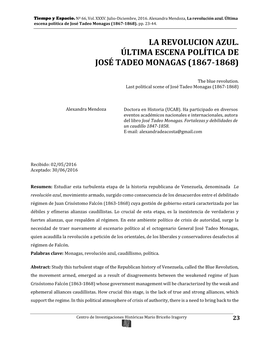 La Revolucion Azul. Última Escena Política De José Tadeo Monagas (1867-1868)