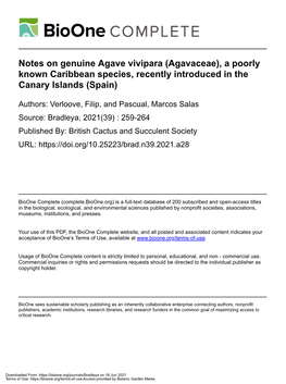 Notes on Genuine Agave Vivipara (Agavaceae), a Poorly Known Caribbean Species, Recently Introduced in the Canary Islands (Spain)