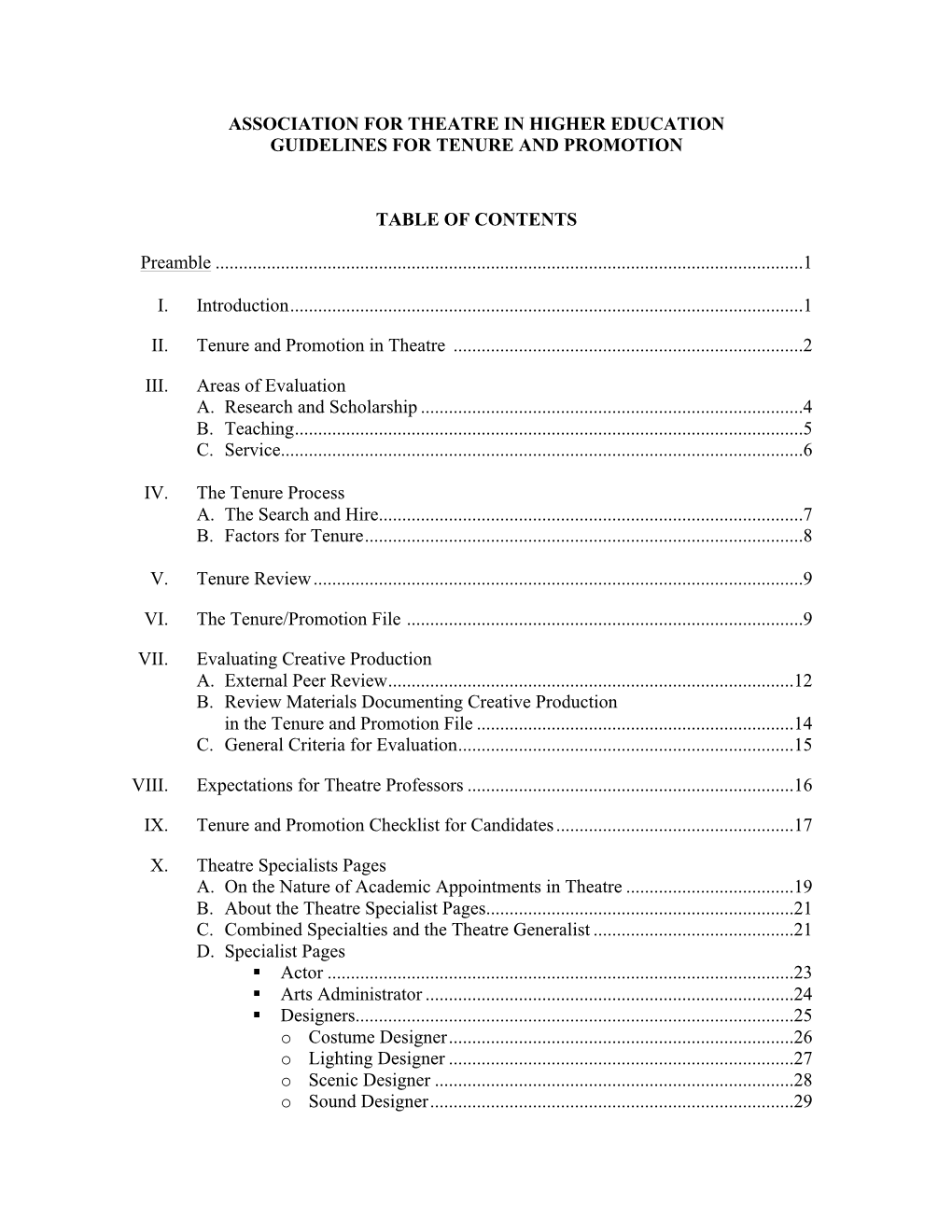 ASSOCIATION for THEATRE in HIGHER EDUCATION GUIDELINES for TENURE and PROMOTION TABLE of CONTENTS Preamble