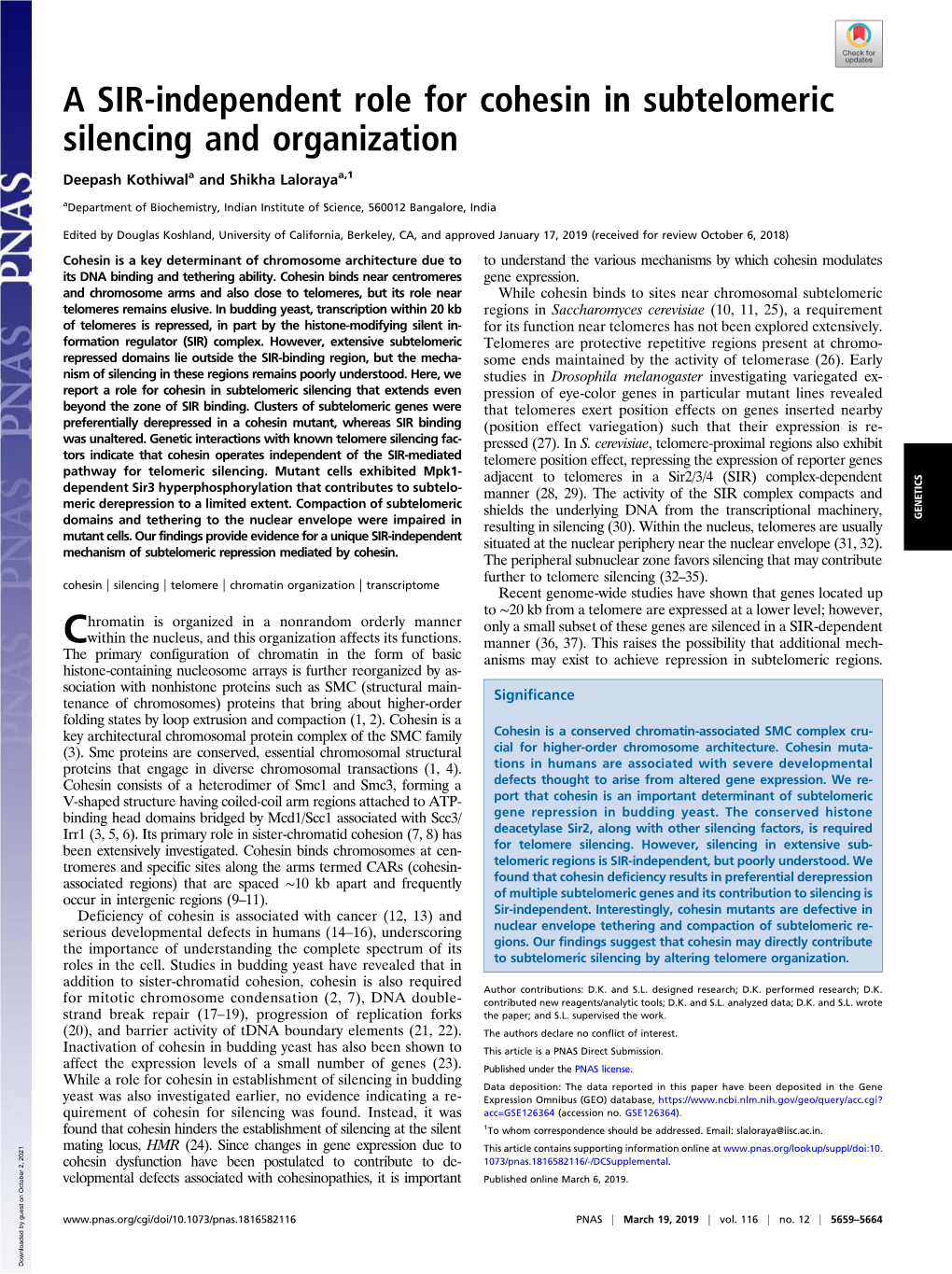 A SIR-Independent Role for Cohesin in Subtelomeric Silencing and Organization