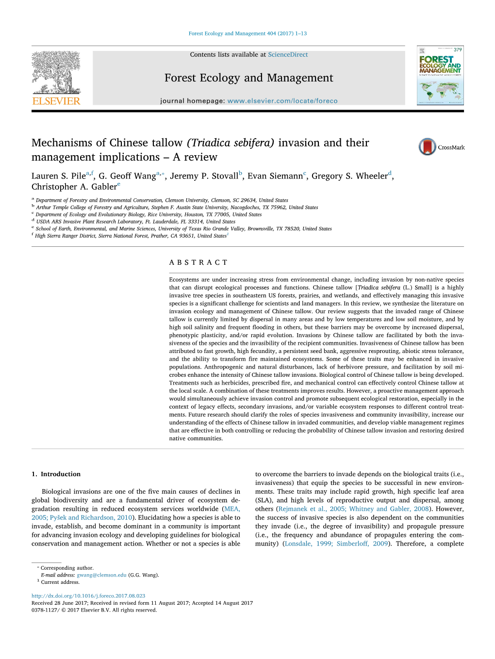 Mechanisms of Chinese Tallow (Triadica Sebifera) Invasion and Their MARK Management Implications – a Review ⁎ Lauren S