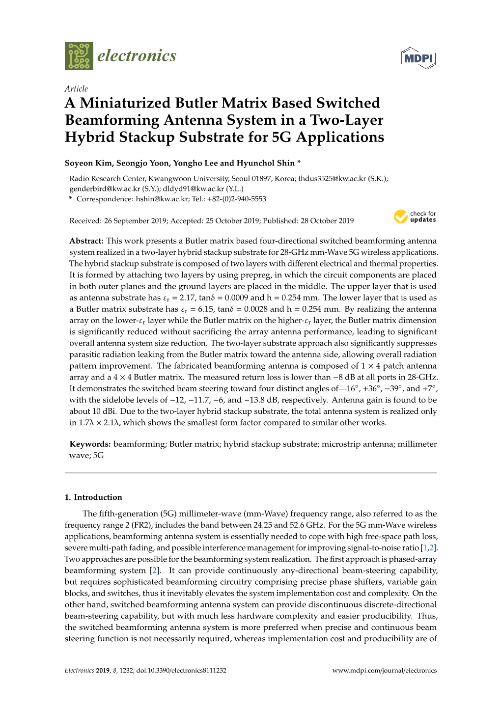 A Miniaturized Butler Matrix Based Switched Beamforming Antenna System in a Two-Layer Hybrid Stackup Substrate for 5G Applications