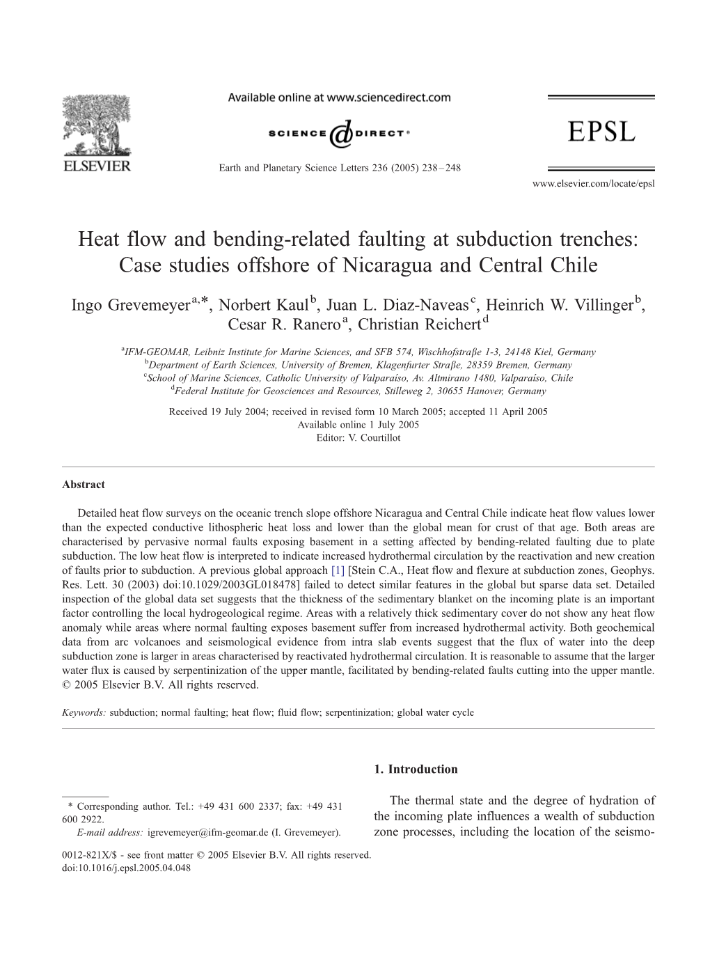 Heat Flow and Bending-Related Faulting at Subduction Trenches: Case Studies Offshore of Nicaragua and Central Chile