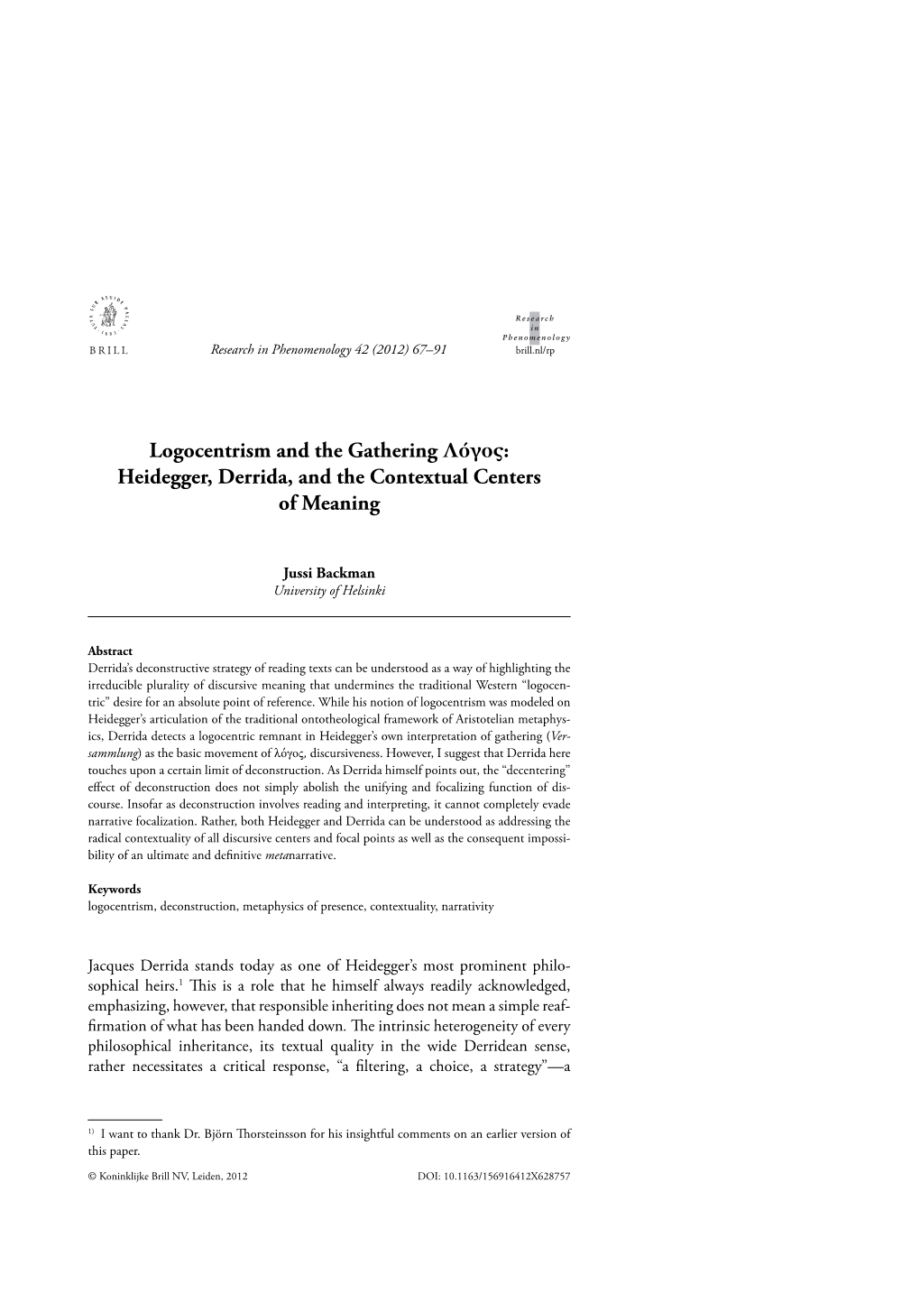 Heidegger, Derrida, and the Contextual Centers of Meaning