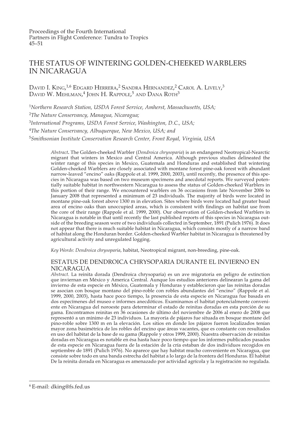 The Status of Wintering Golden-Cheeked Warblers in Nicaragua