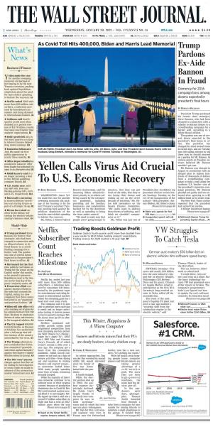 Yellen Calls Virus Aid Crucial to U.S. Economic Recovery