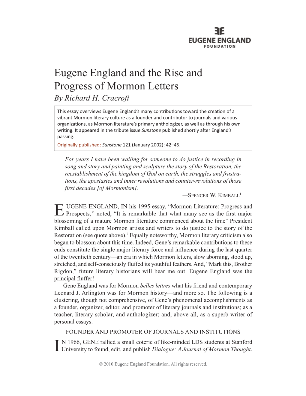 Eugene England and the Rise and Progress of Mormon Letters by Richard H