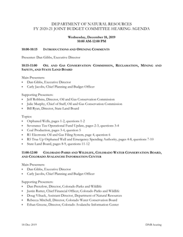 Department of Natural Resources Fy 2020-21 Joint Budget Committee Hearing Agenda