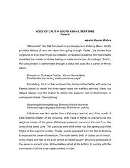 VOICE of DALIT in SOUTH ASIAN LITERATURE Panel 4 Aswini
