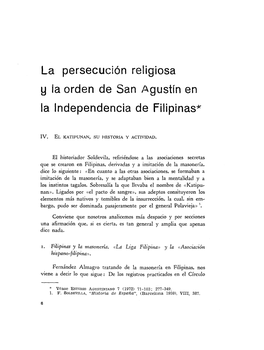La Persecución Religiosa Y La Orden De San Agustín En La Independencia De Filipinas*