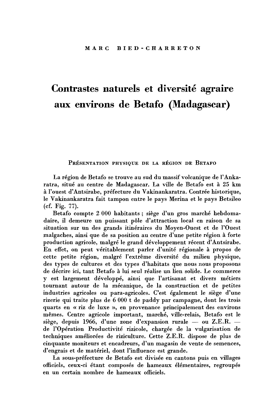 Contrastes Naturels Et Diversité Agraire Aux Environs De Betafo (Madagascar)