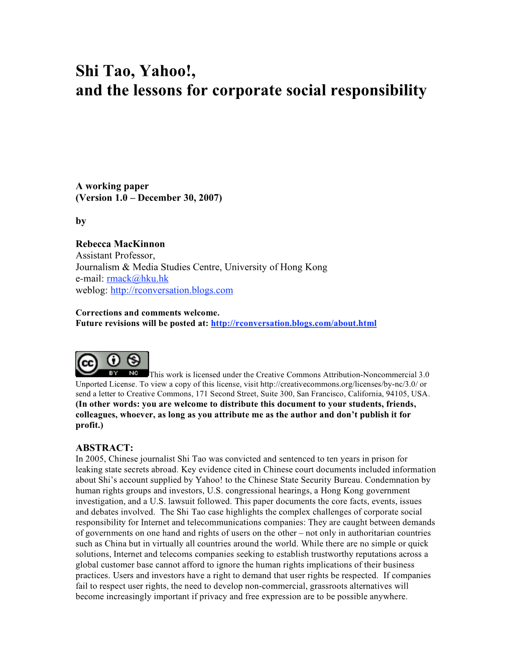 Shi Tao, Yahoo!, and the Lessons for Corporate Social Responsibility