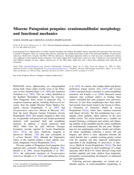 Miocene Patagonian Penguins: Craniomandibular Morphology and Functional Mechanics