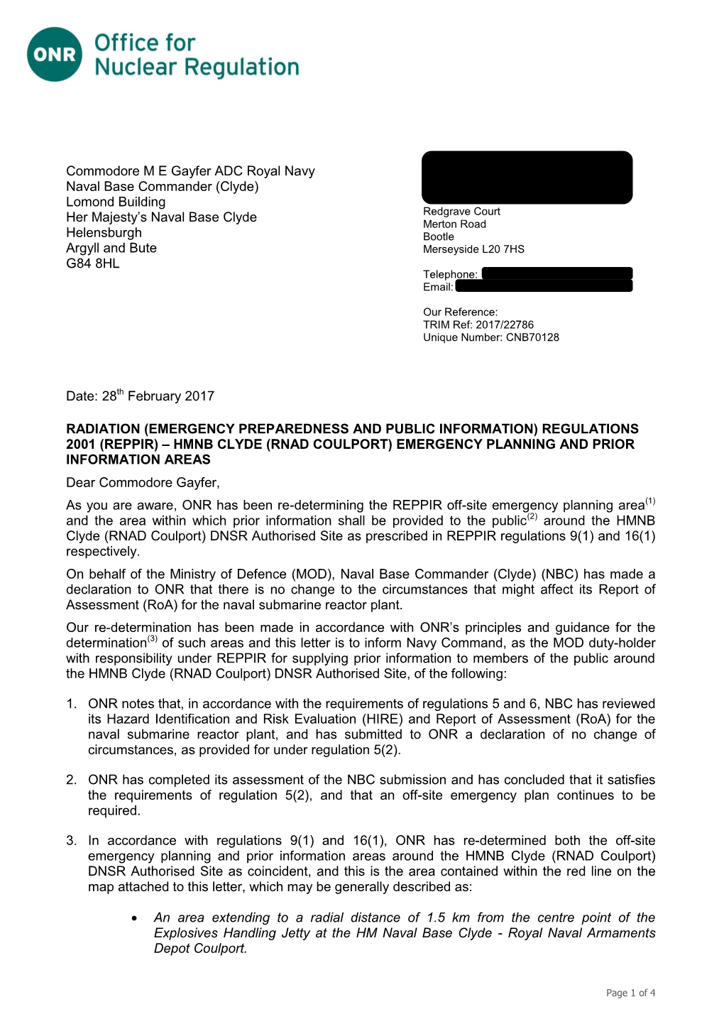 Determination of the Off-Site Emergency Planning and Prior Information Areas for HM Naval Base Clyde