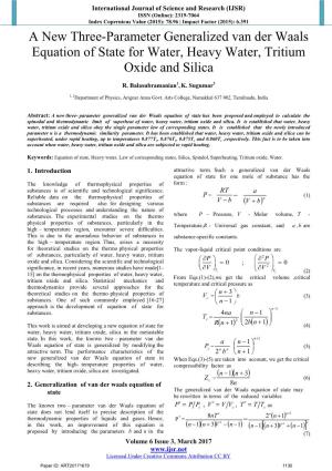 A New Three-Parameter Generalized Van Der Waals Equation of State for Water, Heavy Water, Tritium Oxide and Silica