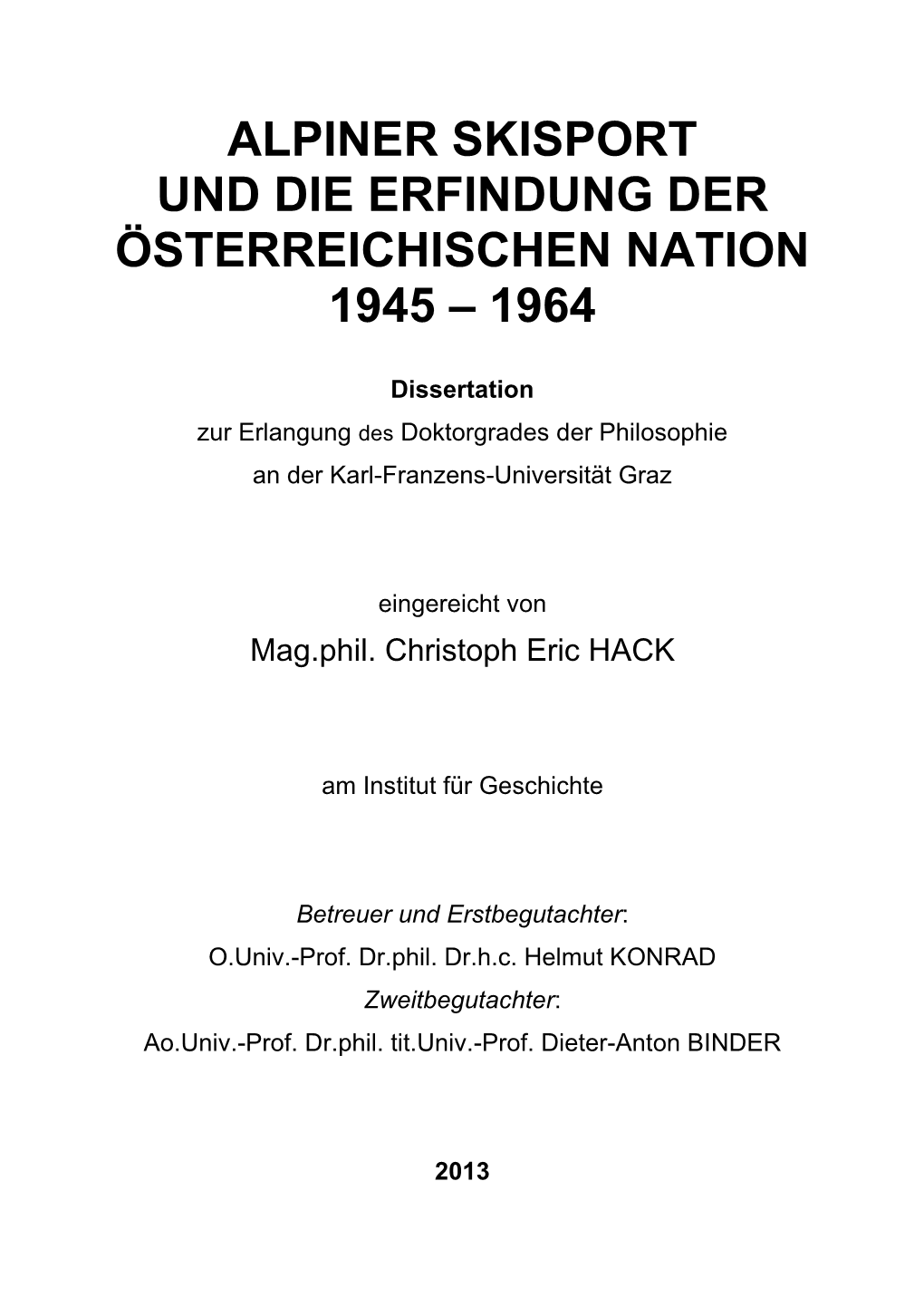 Alpiner Skisport Und Die Erfindung Der Österreichischen Nation 1945 – 1964