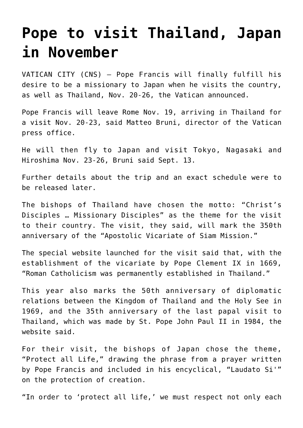 Pope to Visit Thailand, Japan in November