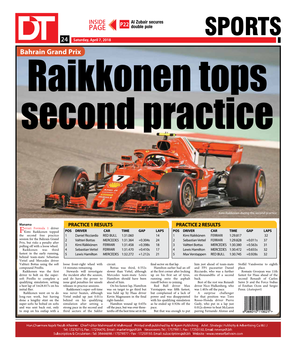 SPORTS 2424 Saturday, April 7, 2018 Bahrain Grand Prix Raikkonen Tops Second Practice