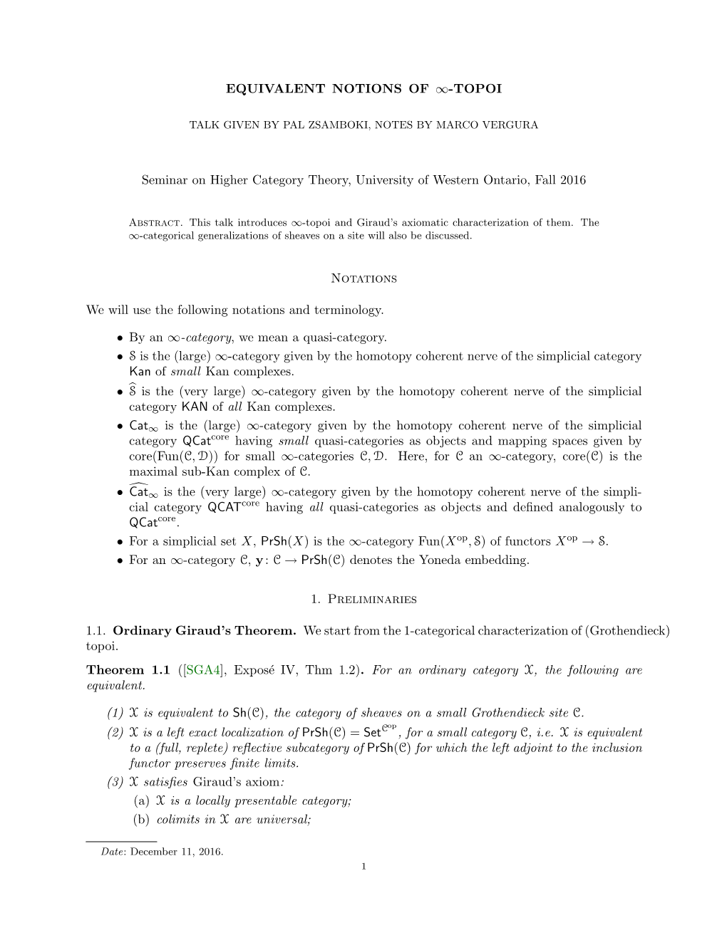 EQUIVALENT NOTIONS of ∞-TOPOI Seminar on Higher