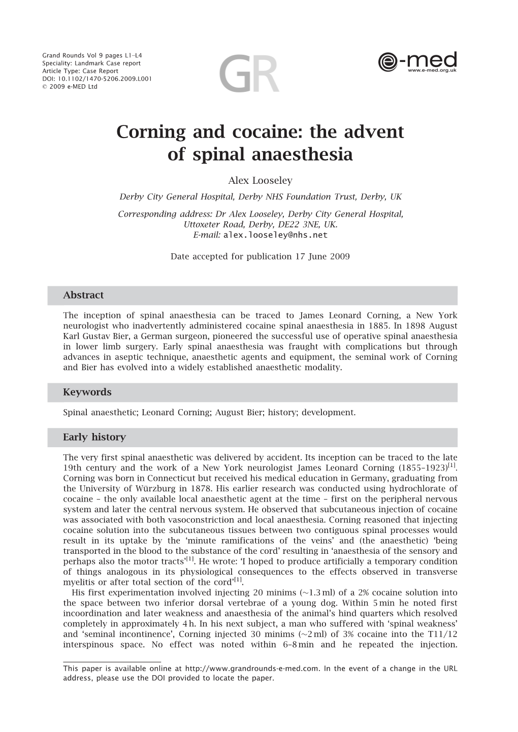Corning and Cocaine: the Advent of Spinal Anaesthesia