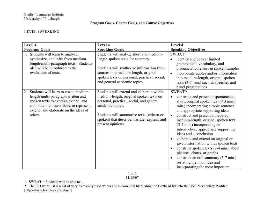 Program Goals, Course Goals, and Course Objectives