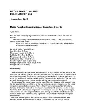 NBTHK SWORD JOURNAL ISSUE NUMBER 754 November, 2019 Meito Kansho: Examination of Important Swords