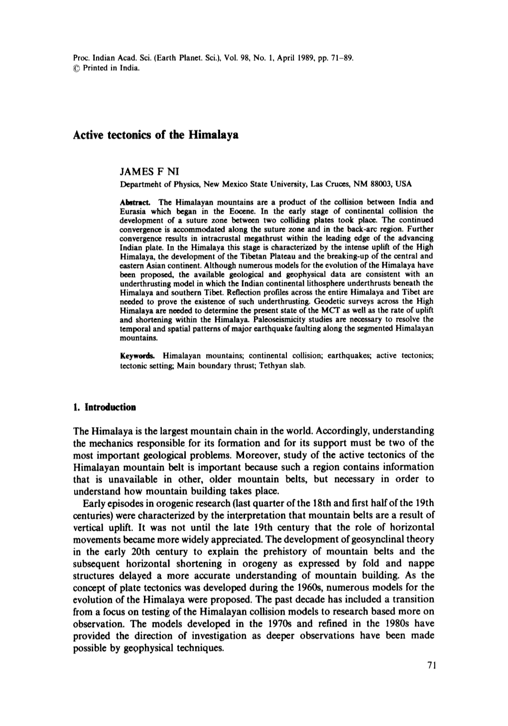 Active Tectonics of the Himalaya