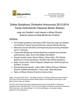 Dallas Symphony Orchestra Announces 2013-2014 Texas