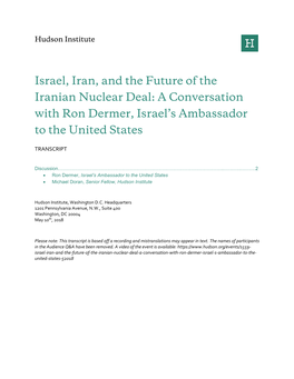 Israel, Iran, and the Future of the Iranian Nuclear Deal: a Conversation with Ron Dermer, Israel’S Ambassador to the United States
