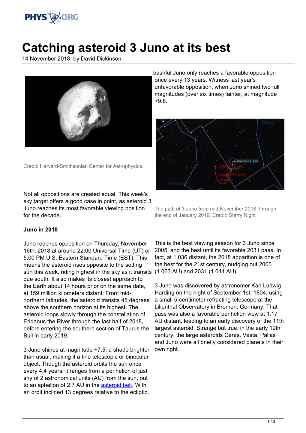 Catching Asteroid 3 Juno at Its Best 14 November 2018, by David Dickinson