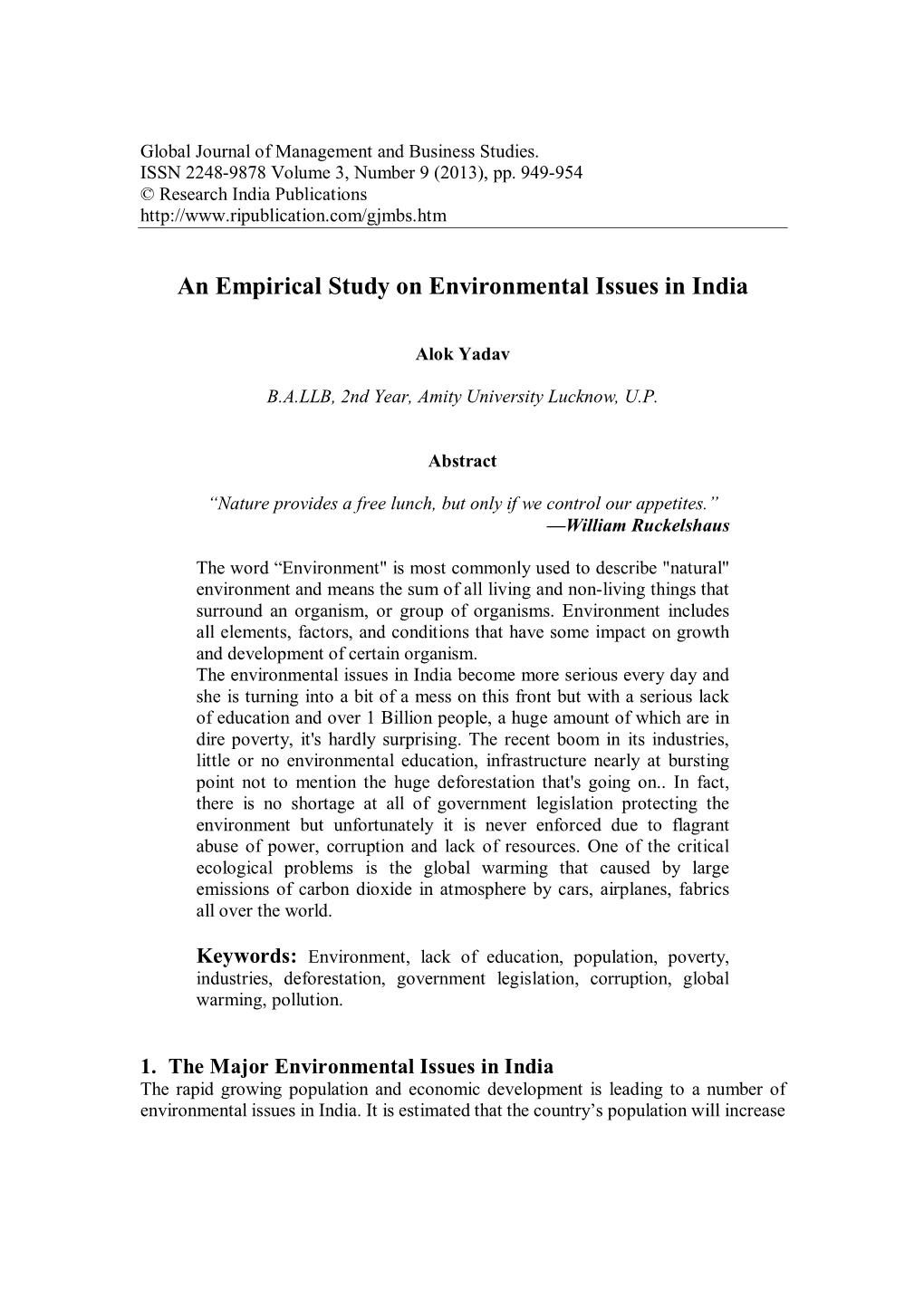 An Empirical Study on Environmental Issues in India