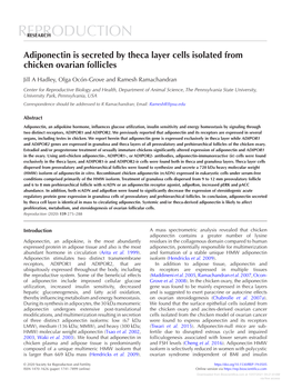 Adiponectin Is Secreted by Theca Layer Cells Isolated from Chicken Ovarian Follicles