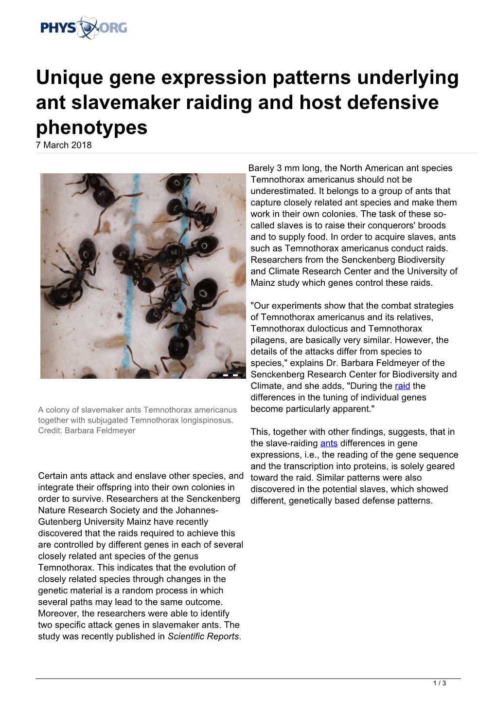 Unique Gene Expression Patterns Underlying Ant Slavemaker Raiding and Host Defensive Phenotypes 7 March 2018