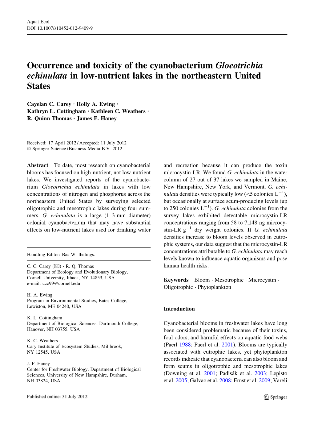 Occurrence and Toxicity of the Cyanobacterium Gloeotrichia Echinulata in Low-Nutrient Lakes in the Northeastern United States