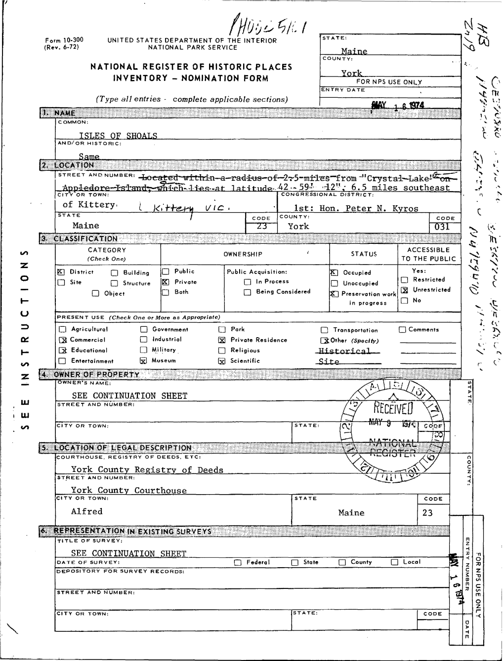 NOMINATION FORM York for NPS USE ONLY ENTRY NUMBER (Continuation Sheet) •AY 1 Fi 1974 (Number All Entries)