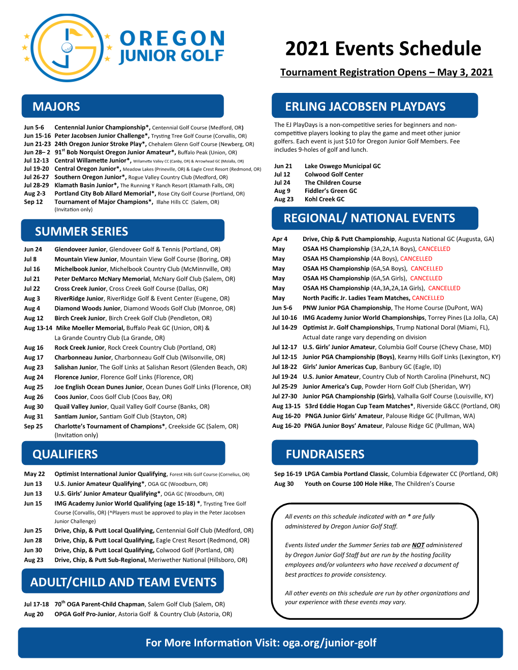 2021 Events Schedule Tournament Registration Opens – May 3, 2021