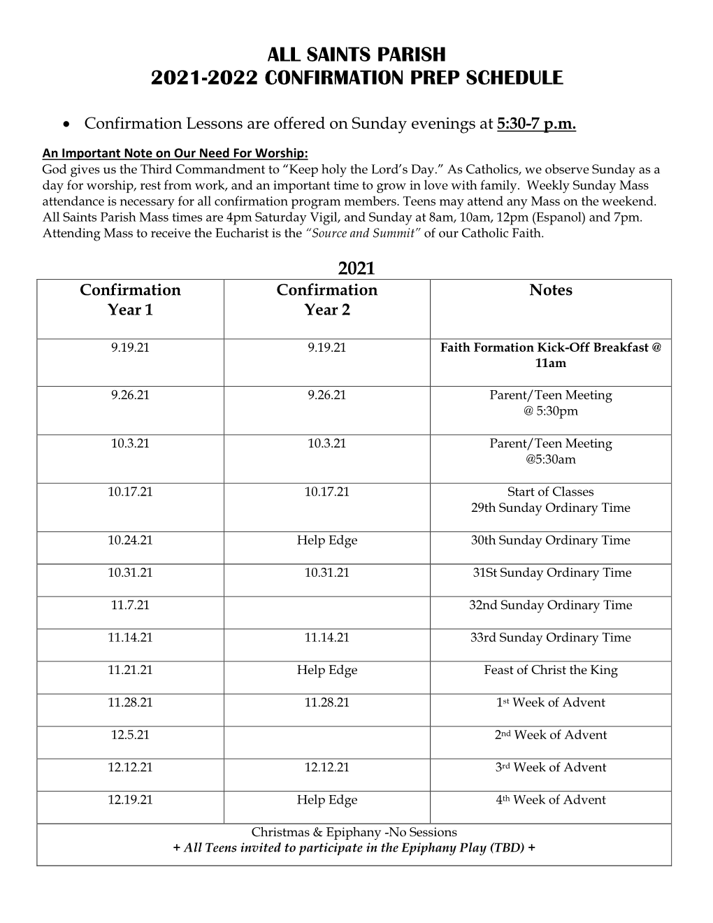 All Saints Parish 2021-2022 Confirmation Prep Schedule