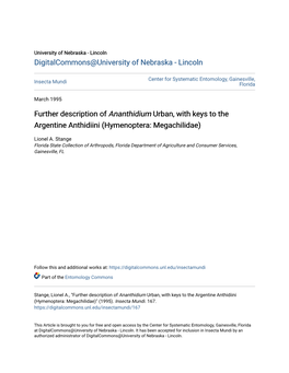 Further Description of Ananthidium Urban, with Keys to the Argentine Anthidiini (Hymenoptera: Megachilidae)