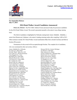 2014 Doak Walker Award Candidates Announced DALLAS, TEXAS - the Pwc SMU Athletic Forum Announced Today the Preseason Candidates for the 2014 Doak Walker Award