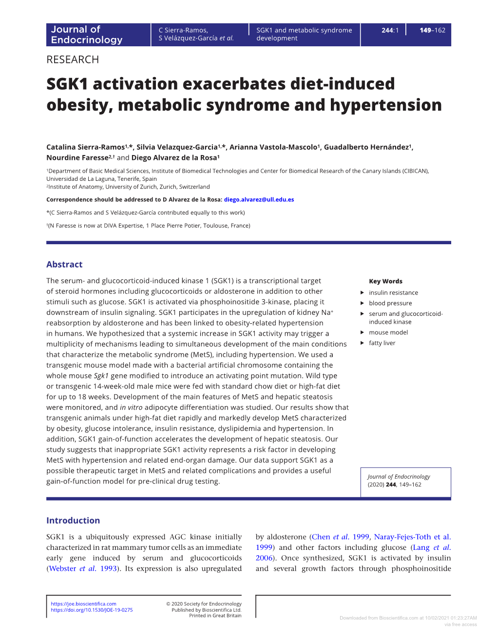 SGK1 Activation Exacerbates Diet-Induced Obesity, Metabolic Syndrome and Hypertension