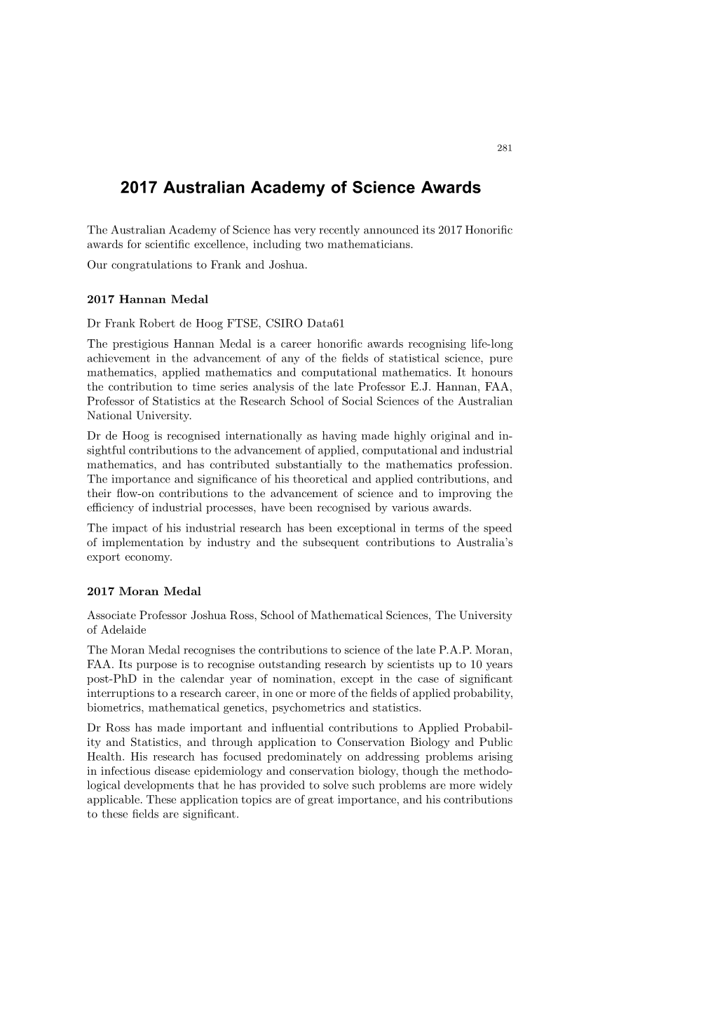 2017 Australian Academy of Science Awards