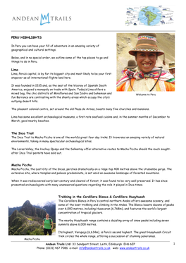 1 PERU HIGHLIGHTS Lima the Inca Trail Machu Picchu Trekking in The