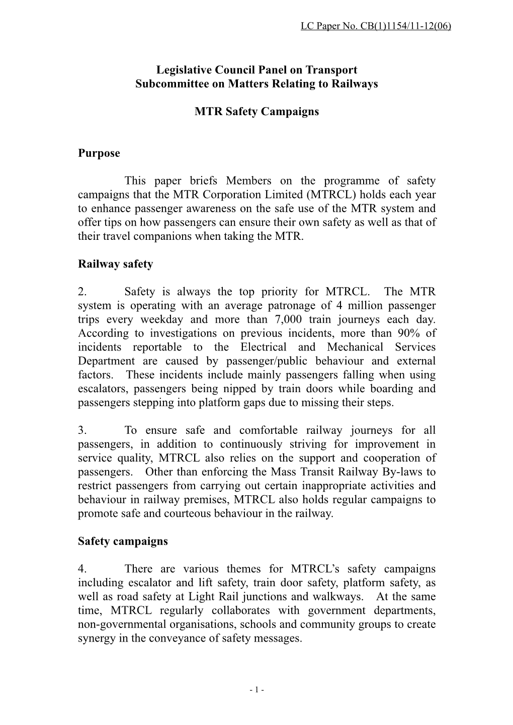 Legislative Council Panel on Transport Subcommittee on Matters Relating to Railways